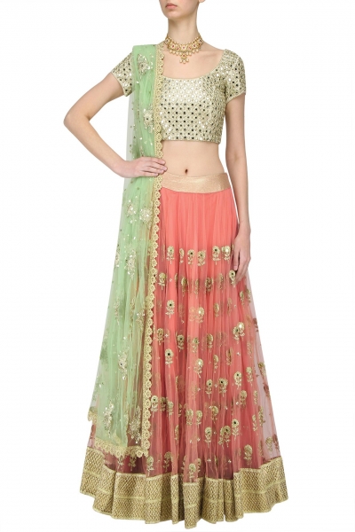 Pink and mint color mirror work wedding lehenga